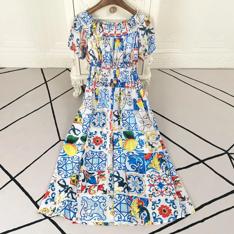 

Женское винтажное платье средней длины, летнее платье с принтом, высокого качества, модное, повседневное, элегантное, шикарное, на резинке, б...