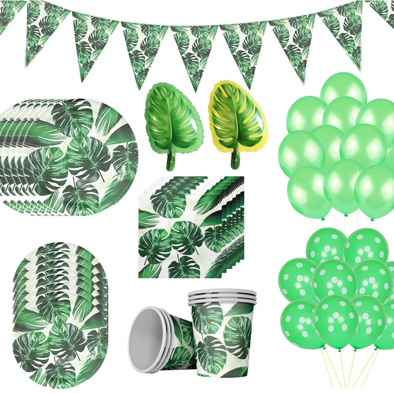 Одноразовая посуда для дня рождения с зелеными листьями монстеры товары