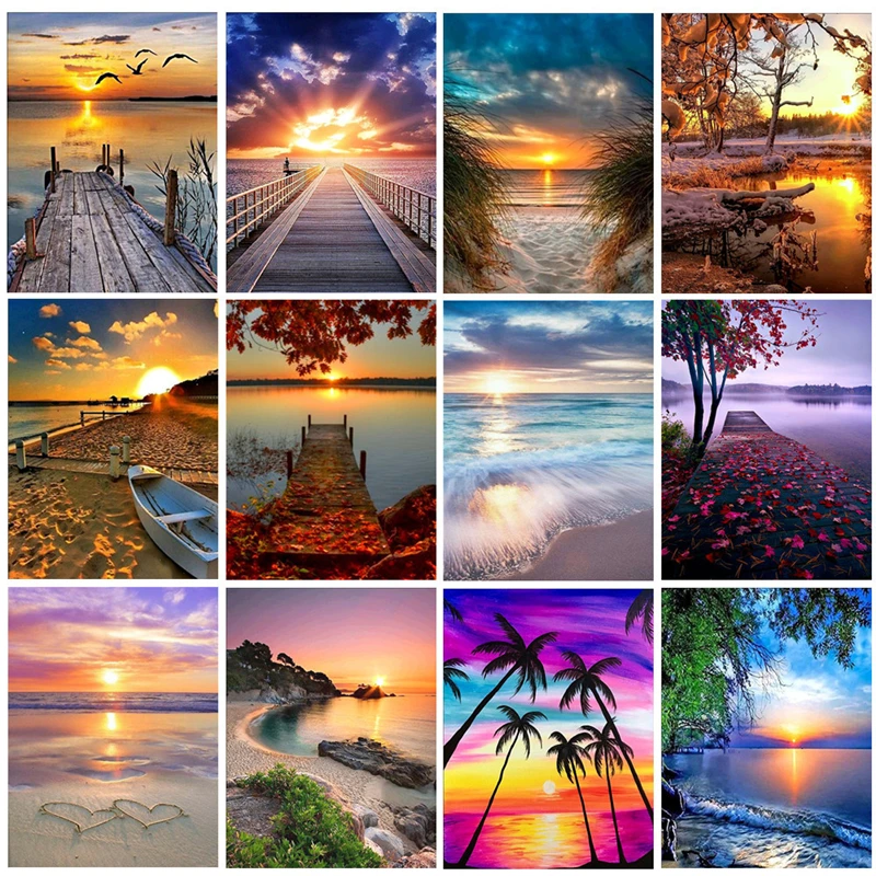 

5D diamond painting sunset diy landscape combination round diamond sunrise seaside reflection decorative painting 30*40
