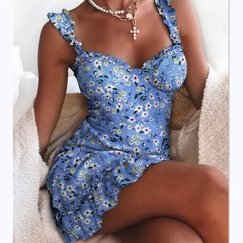

2020 Summer Women Print Mini Dress Ruffles Spaghetti Straps Dress Sexy Backless Slim Dress