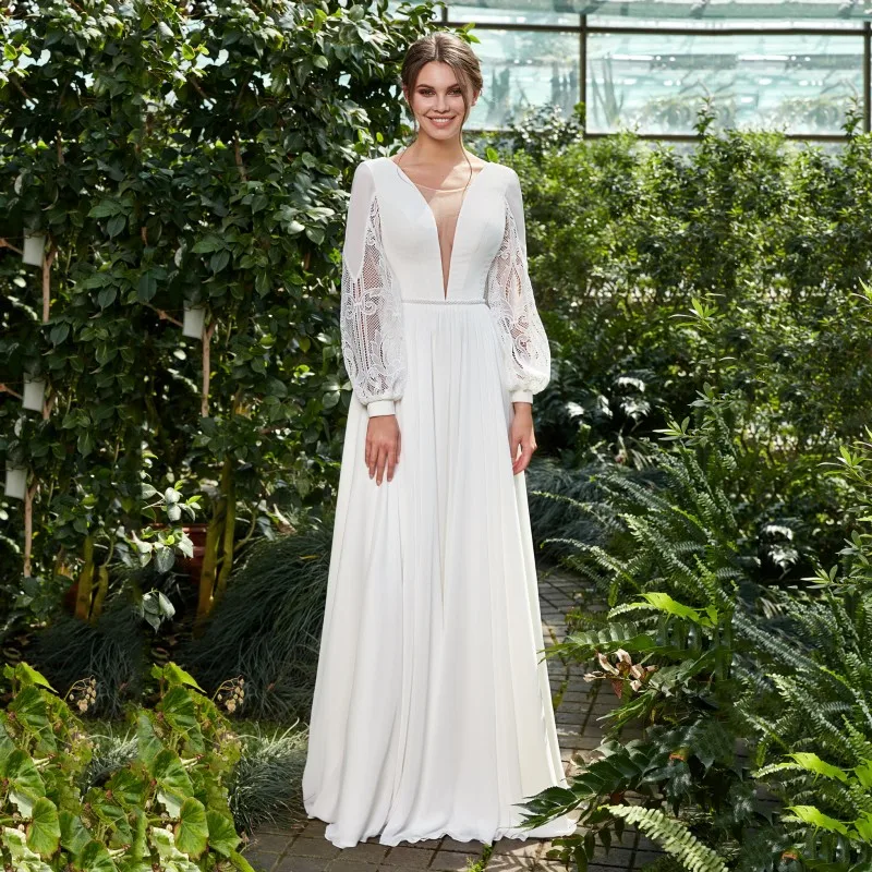 

Thinyfull Princess Boho Sweep Train Wedding Dresses O Neck A Line Long Puffy Sleeve Bridal Gown Appliques Lace Vestido De Novia