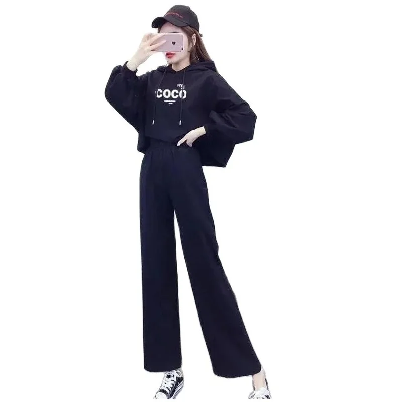 

Spring and Autumn Fashion Suit Women 2022 New Korean Hooded Long Sleeve Sweater Loose Wide Leg Pants Casual Two Piece Set Women