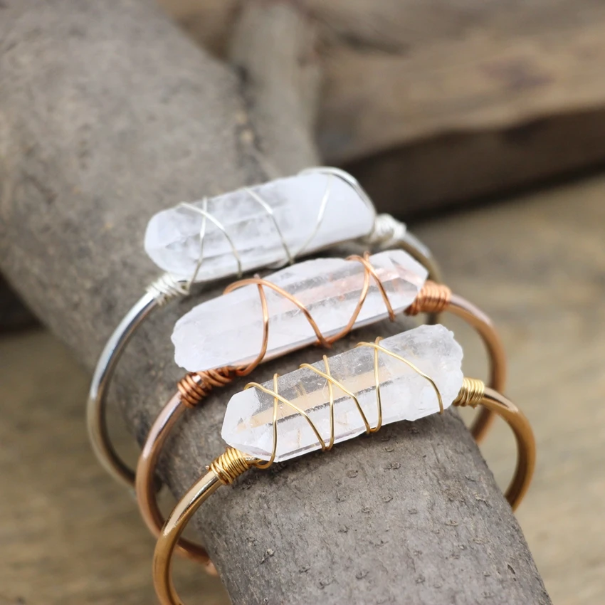 

Natural White Quartz Point Open Cuff Bangles Rose Gold Brass Wire Wrap Raw Crystal Fashion Women Summer Bracelet Jewelry QC2052