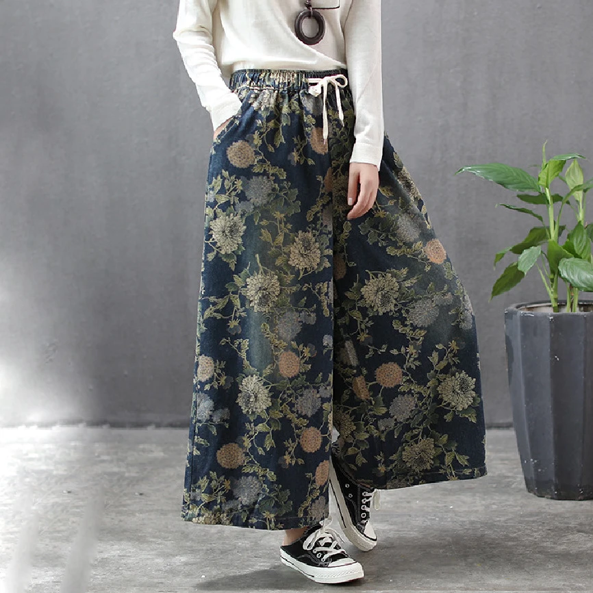 

Oversize Retro Floral Print Casual Pants Women 2022 High Waist Art Distressed Cropped Pants Loose Cotton Vintage Wide Leg Pants