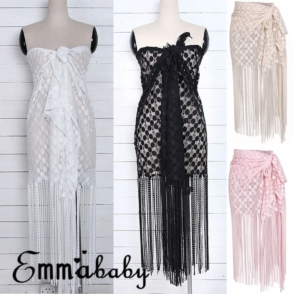 Модные женские бикини накидка сетка кружево кисточка купальник пляжный макси