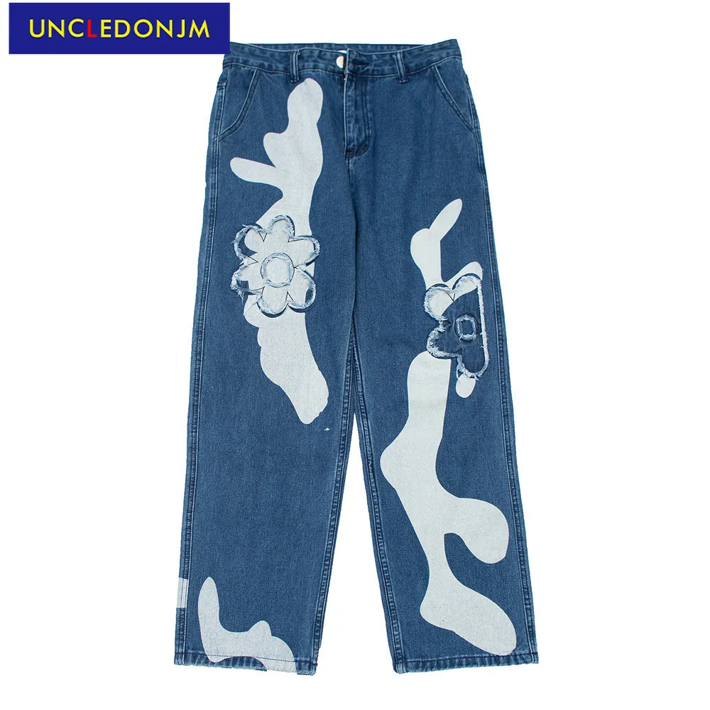 

UNCLEDONJM Fashion flower patch embroidery denim jeans men street Harajuku retro loose straight hip hop casual biker jeans