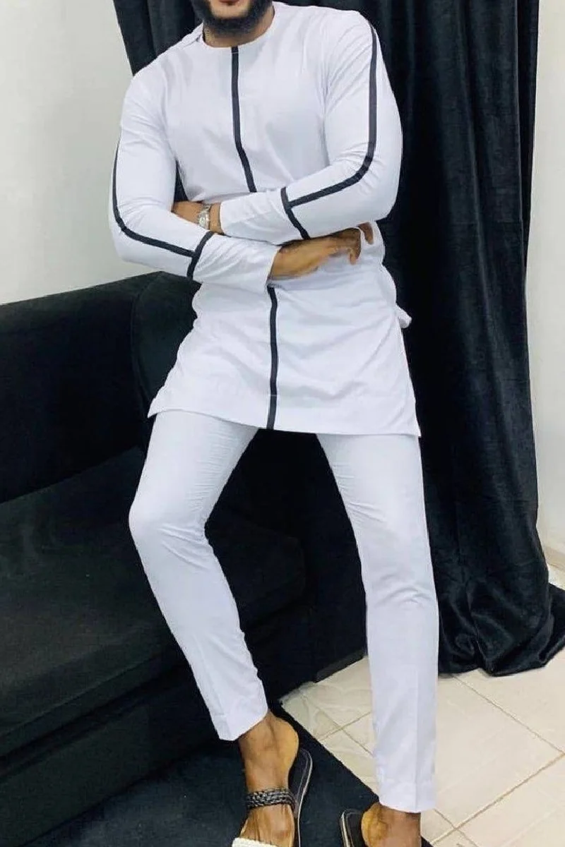 

African fashion men's shirts patch trousers dashiki black strips on white patchwork tops pant sets male event suits plus size