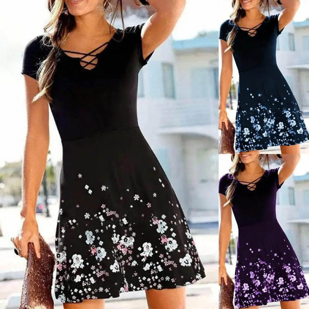 

Sexy Criss-cross V Neck Party Dress 2021 Spring Floral Print Patchwork Women Mini Dress Summer Short Sleeve Loose T Shirt Dress