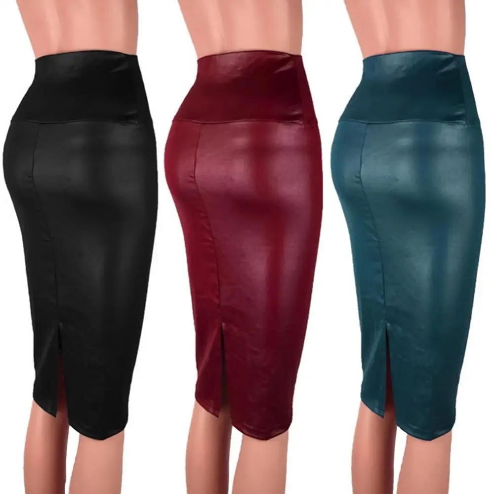 

Plus Size Fashion Women High Waist Split Faux Leather Knee Length Bodycon Office Pencil Skirt