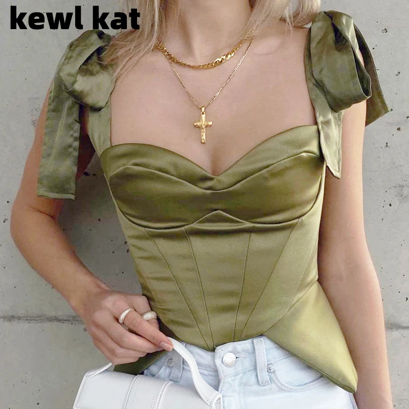 Зеленый атласный корсет с баской топ для клувечерние на бретельках бантом