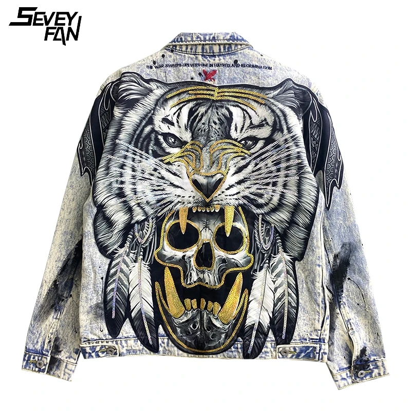 

Punk Skull Sequin Denim Jacket Men Vintage Tiger Embroidery Fashion Blue Jeans Jackets Slim Streetwear Hip Hop Outwear Hipster