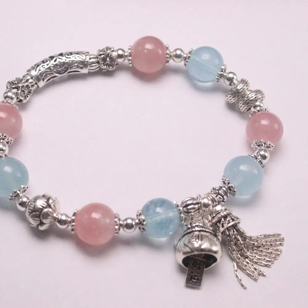 Новый браслет из чистого 925 пробы серебра 10 мм клубничный кварц и Аквамарин