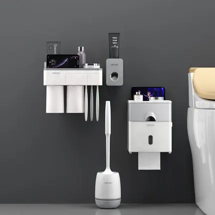 Grey 2 cup set Настенная подставка для зубных щеток, монтируемый автоматический диспенсер для зубной пасты, стеллаж для хранения мягкой туалетной щетки, коробка для салфеток, набор аксессуаров для ванной комнаты - Цвет: Grey 2 cup set