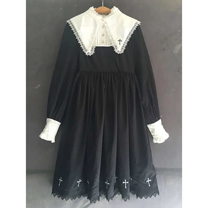 Lolita Dress Готическое платье для женщин Лолита Черный Крест Emboridery темно-синий воротник японский каваи девочек карнавальные вечерние туфли принцесса стиль - Цвет: Lolita Dress