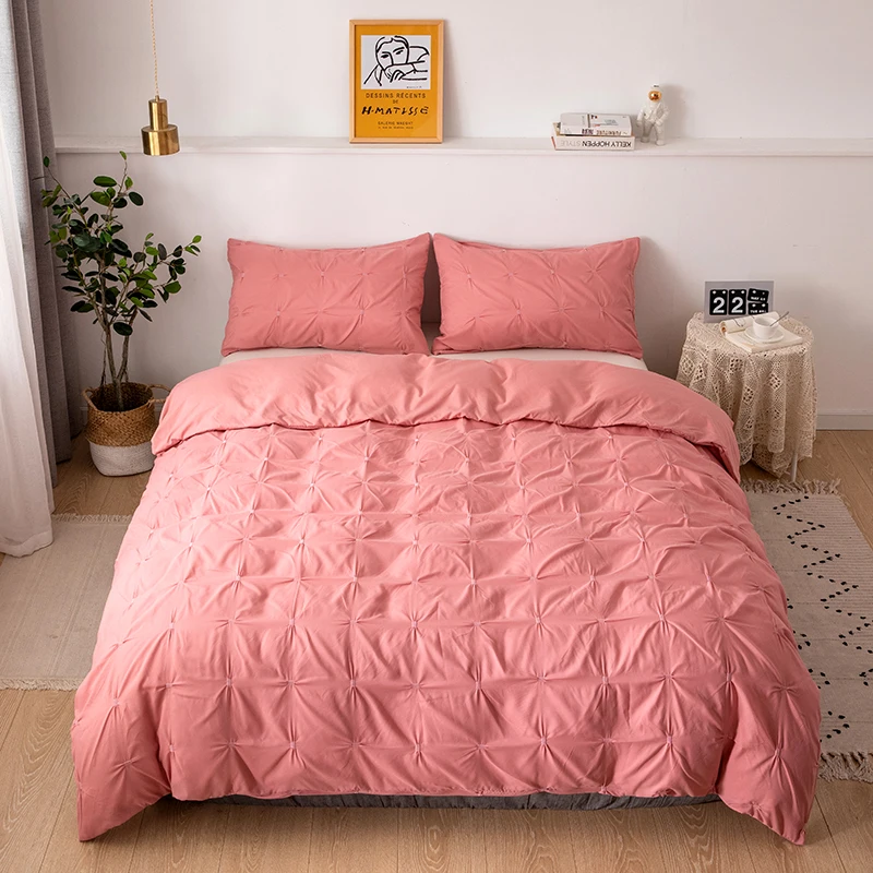 2/3Pcs Simple Style Solid Bedding Sets Square Pinch Pleat Handmade Flower Duvet Cover Set Single/Twin/Queen/King Size | Дом и сад