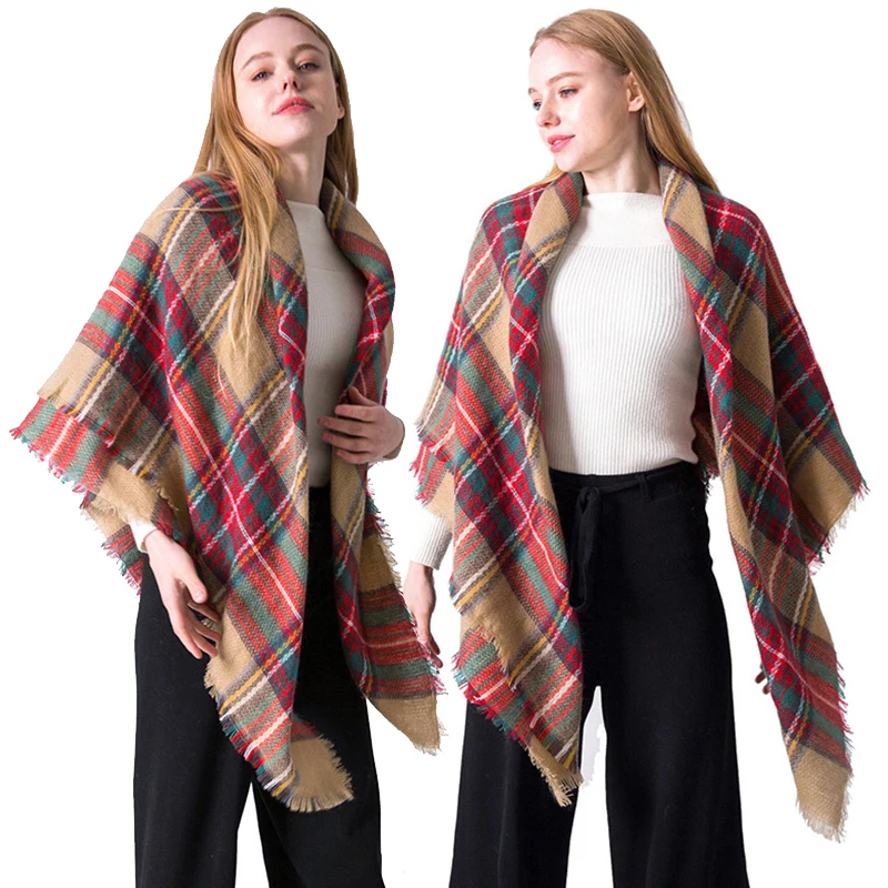 

2021 New Designer Women Winter Plaid Scarf Square Pashmina Bandana Cashmere Thicken Blanket Knitted Warm Soft Shawls And Wraps