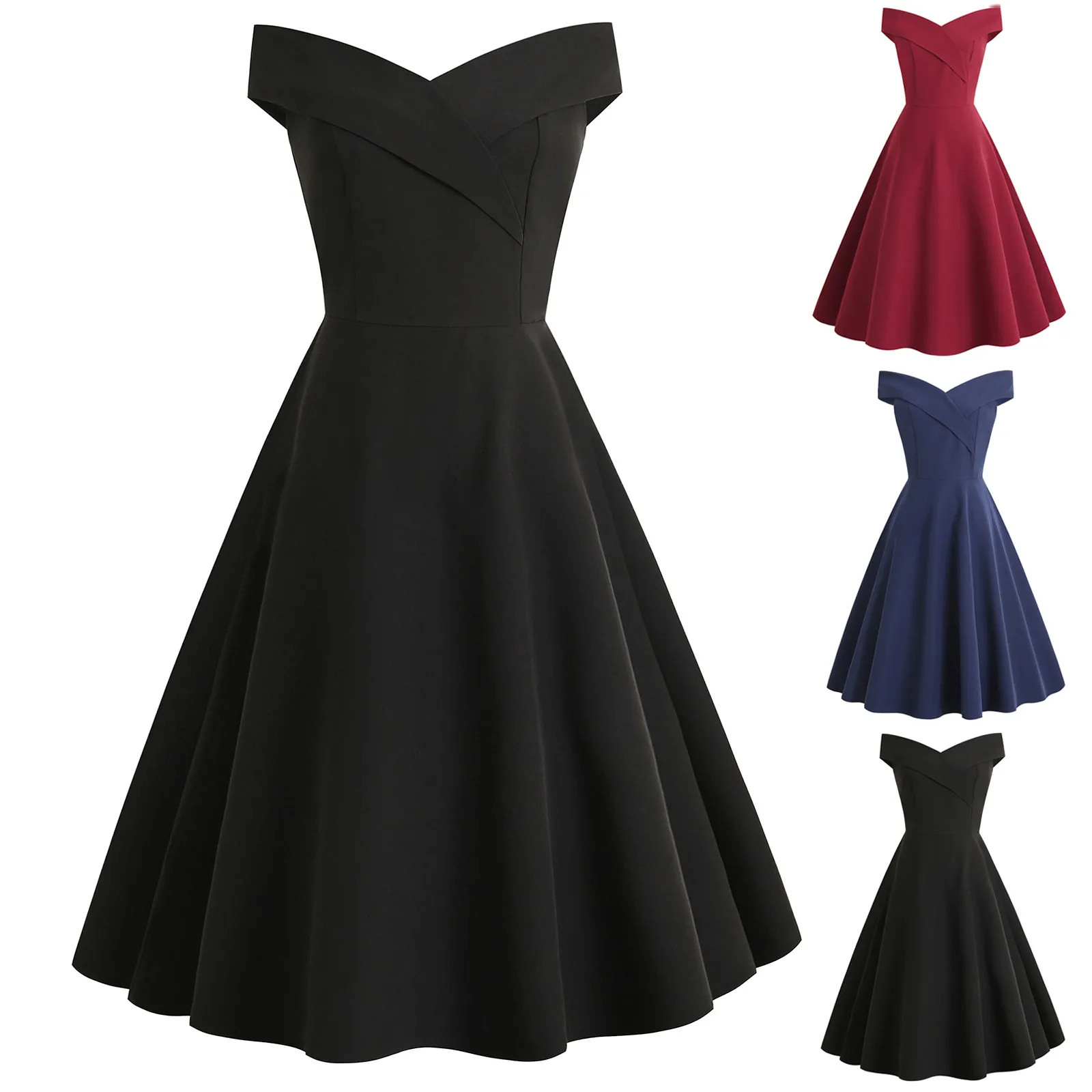 

Fashion Dress Women Summer Off Shoulder V Neck Vintage Solid Party Swing Dresses robe femme vestido de mujer