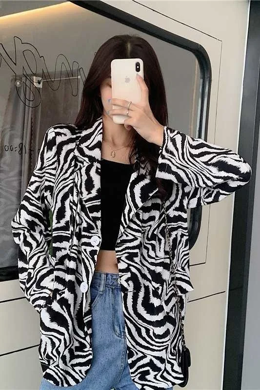 

IEQJ New 2021 Spring And Autumn Fashion Temperament Suit Coat Women's Large Zebra Pattern Thin Loose Long Sleeve Top SK652