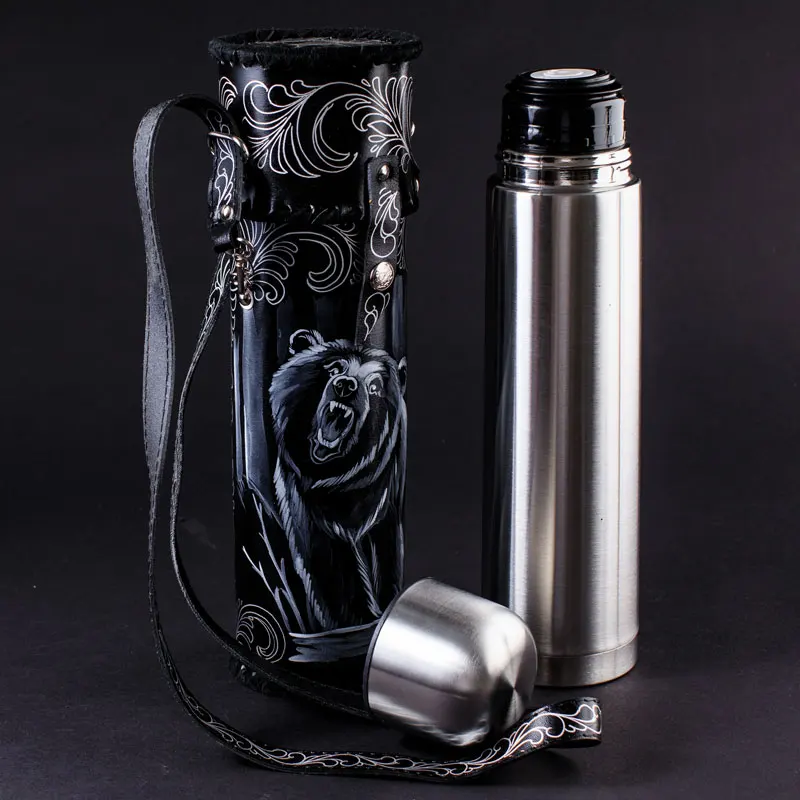 Термос 1000 мл из нержавеющей стали чехол натуральной кожи АРТ-МАСТЕР | Дом и сад
