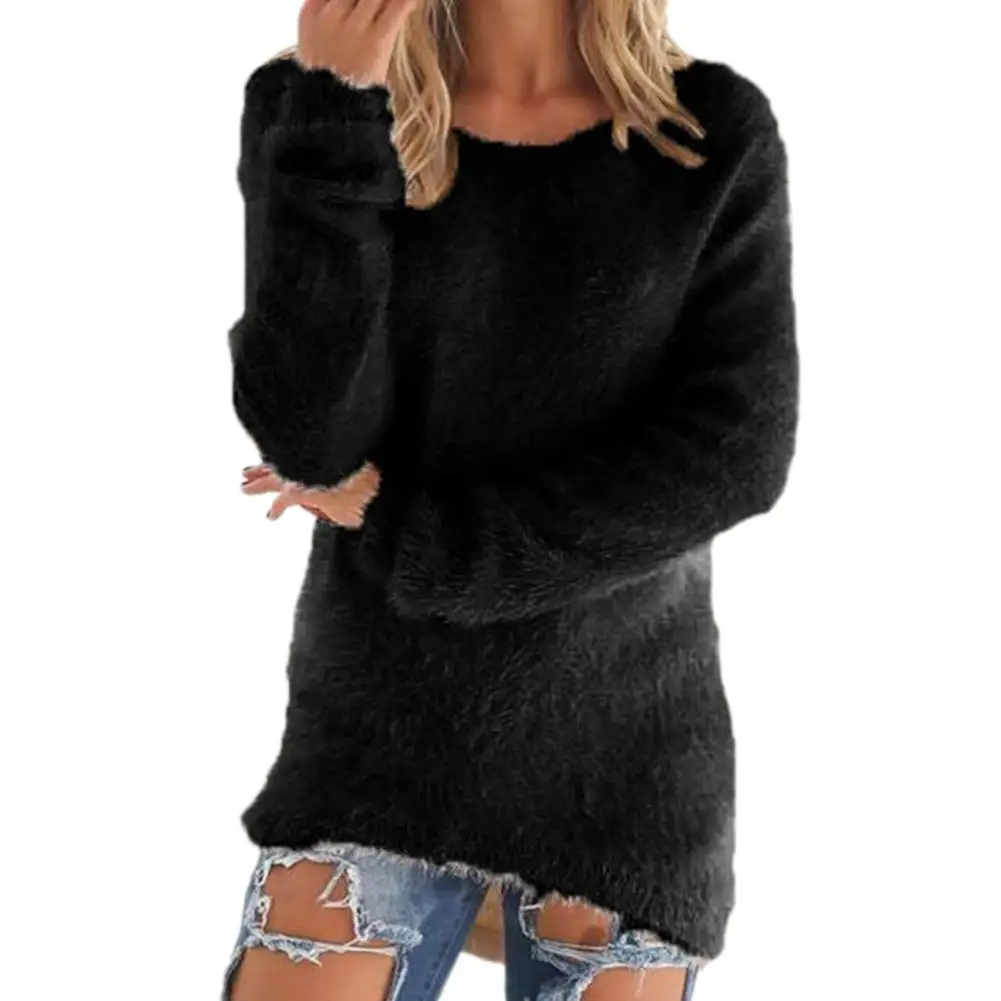 

Повседневный женский свитер, однотонный мягкий пушистый асимметричный подол, вязаный пуловер для повседневной носки, осенне-зимняя одежда,...