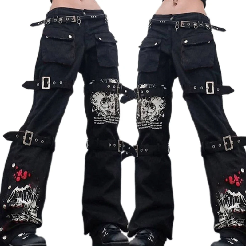 

Women Goth Punk High Waist Jeans Harajuku Metal Buckle Belt Hip Hop Print Cargo Pants Wide Leg Baggy Loose Denim Trousers with