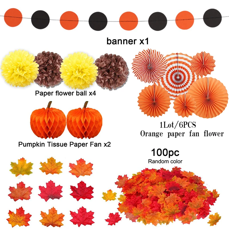 Halloween Party Decorations Orange Paper Fans Autumn Pumpkin Honeycomb Thanksgiving for Home Artificial Maple Leaves | Дом и сад