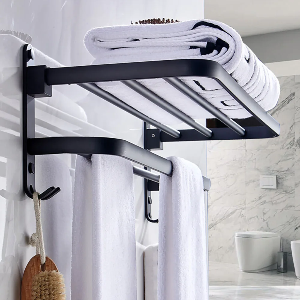 

Towel Holder Punch-Free Bathroom Accessories Folding Hook Storage Shower Rack Matte Black Aluminum Organizer Hanger Wall-Mounted