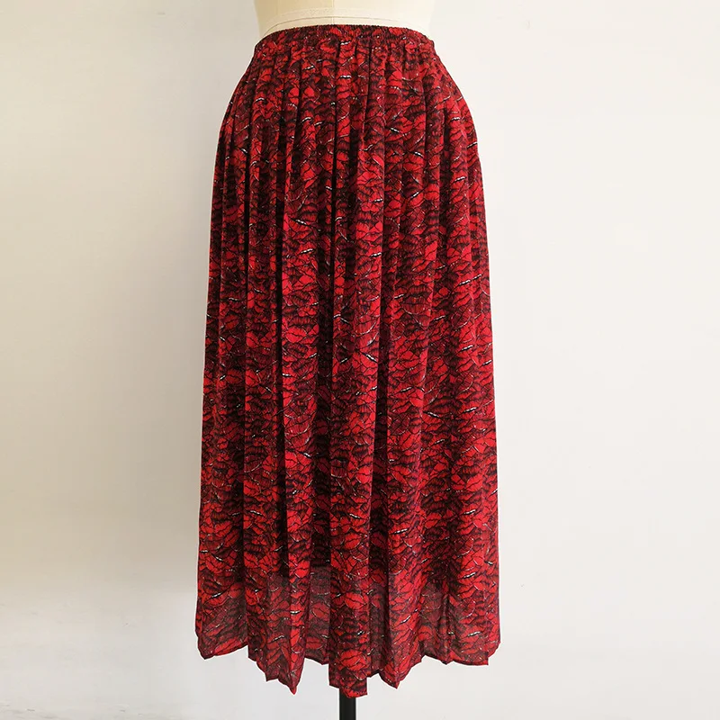 Woman Two Piece Outfit Set 2021 Spring Summer Red Printed Stand Collar Bow Long Sleeved Shirt + High Waist Pleated Skirt Suits