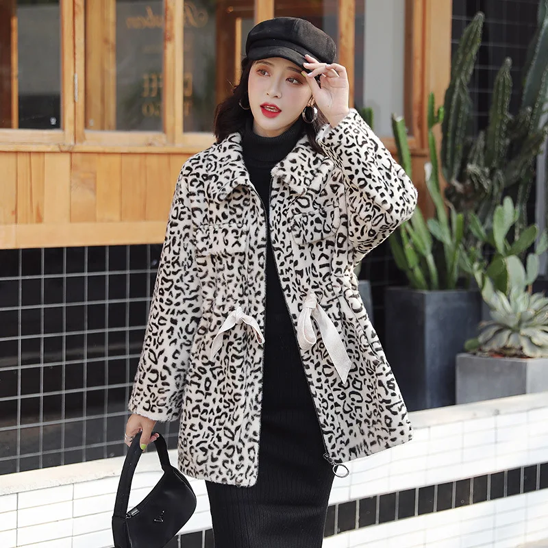 Trendy Imitation Mink Velvet Leopard Winter Coats Women Rabbit Fur Bow Belts Overcoats Vintage Turn-down Collar Female Outwear