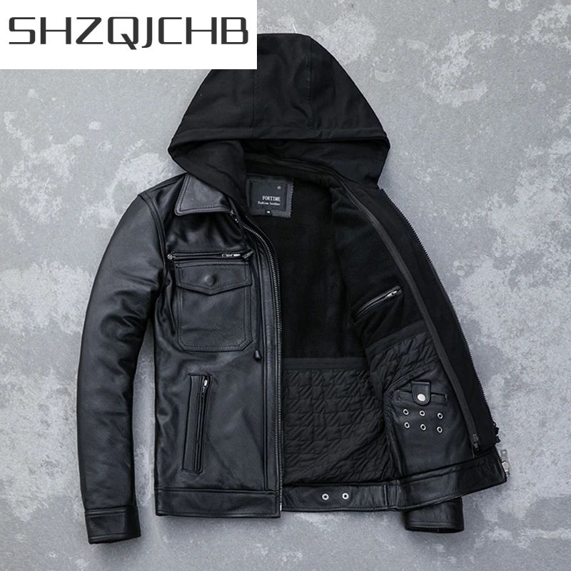 

JCHB 2021 Quality Autumn Winter High genuine Cow Leather Jacket Men Hooded Motorcycle Jackets Fashion Mens Clothing Chamarrasde