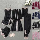 Комплект из 5 предметов, шелковый халат, женский кружевной пижамный комплект, ночные сорочки с острым вырезом, одежда, домашняя пижама, Пижамный костюм, Весенняя ночная рубашка