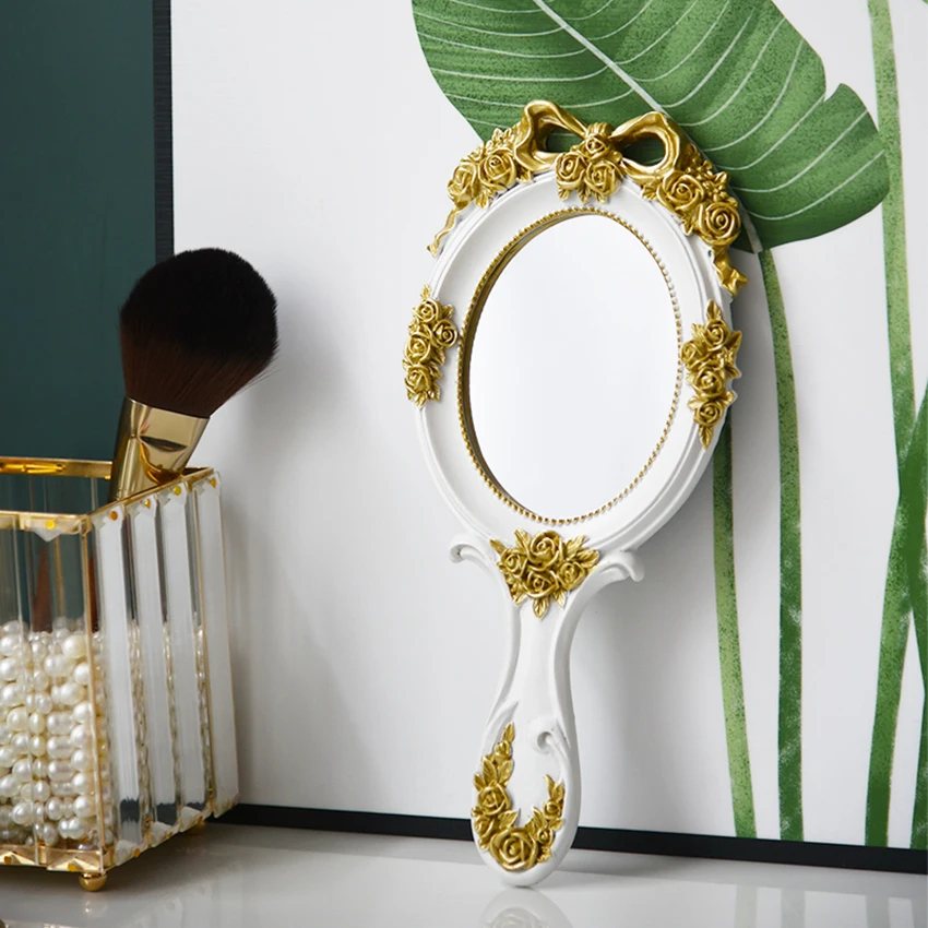 

Portable Hand Mirror with Handle Retro Makeup Mirror Golden Bow-knot Embossed Pattern for Wedding Decoration, White, Blue, Pink