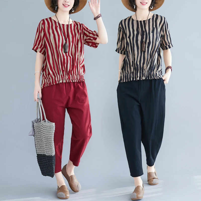 

Костюм женский из хлопка и льна, в полоску и повседневные штаны, свободного покроя, большие размеры, лето 2020