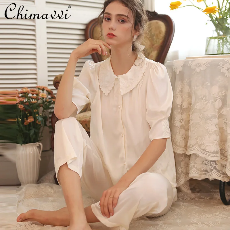 

Lady's Pajamas 2021 Spring and Summer Solid Short Sleeve Trousers Nightwear Two-Piece Set Thin Embroidery Silk Sleepwear New
