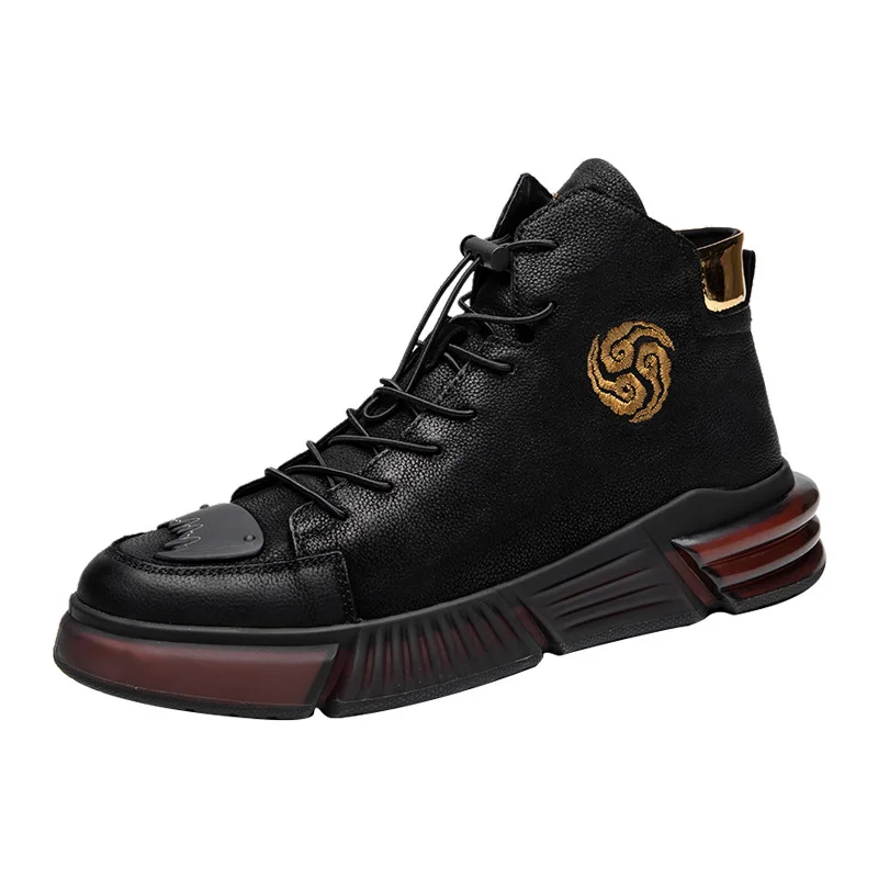 

HUNU Chinese style new men's high-top board shoes leather casual shoes Gao Bang fashion shoes male Korean edition trend