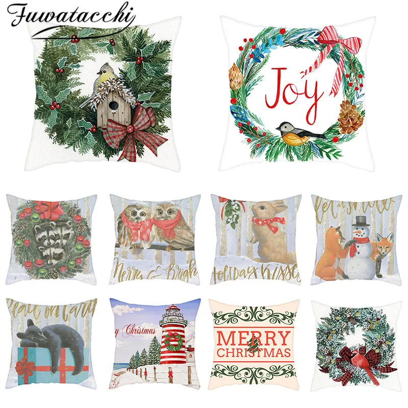 

Fuwatacchi Merry Christmas Pillow Covers Snowman Birds Decorative Cushion Cover Polyester Home Sofa Chair Decoration Pillowcase