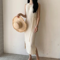 high quality elegant pleated long dresses summer 2021 korean fashion beige collect waist party womens dress sleeveless robe
