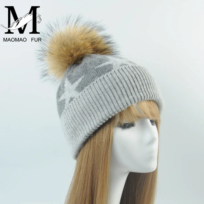 MAOMAOFUR Настоящий мех помпон шапка женская кашемировая оптом Мягкая вязаная