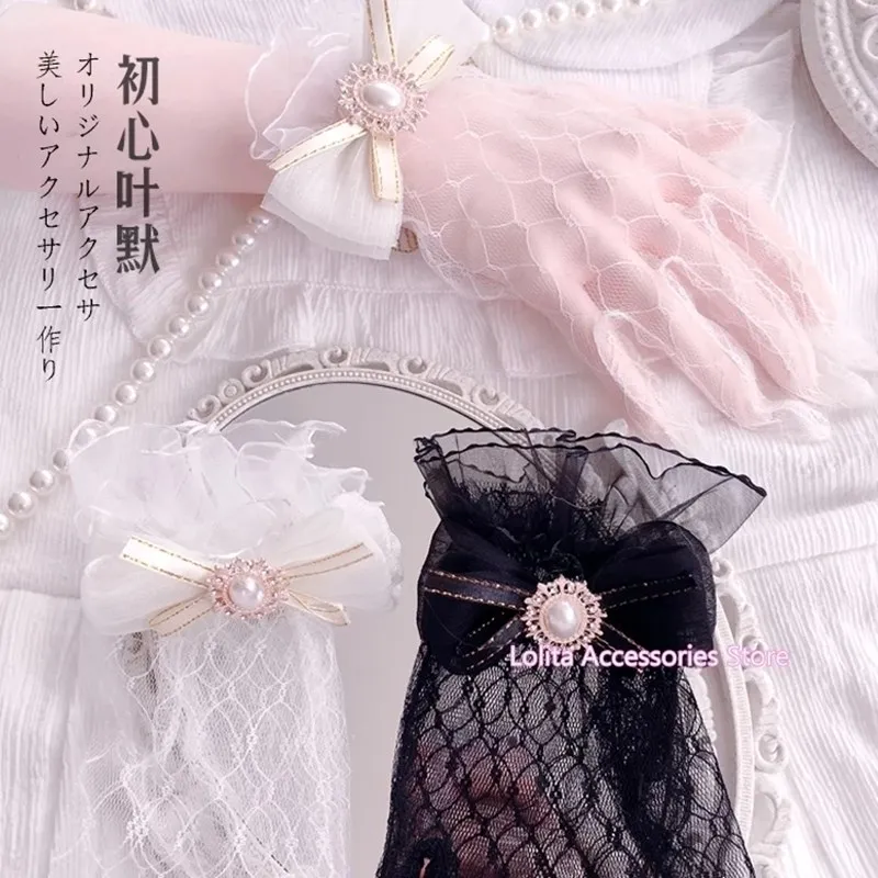 

Lolita Fishnet Mesh Lace Bride Gloves Cosplay Handmade Flower Wedding Gloves Tea Party Gorgeous Elegant Girl Lace Bow Hand Cuff