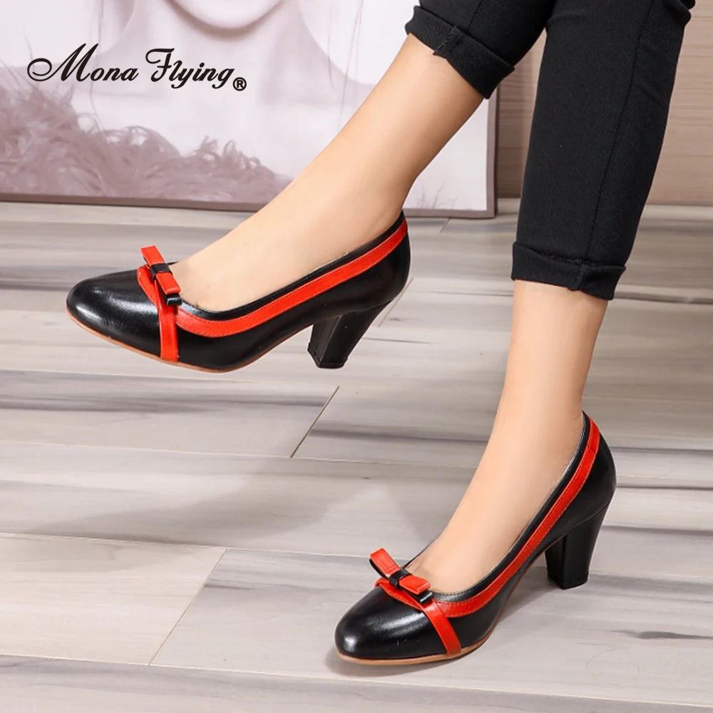 Mona Flying Women Genuine Leather 7cm Chunky Heel Dress Pumps Hand-made Office Elegant Block High Heels Shoes for Ladies 205-G2