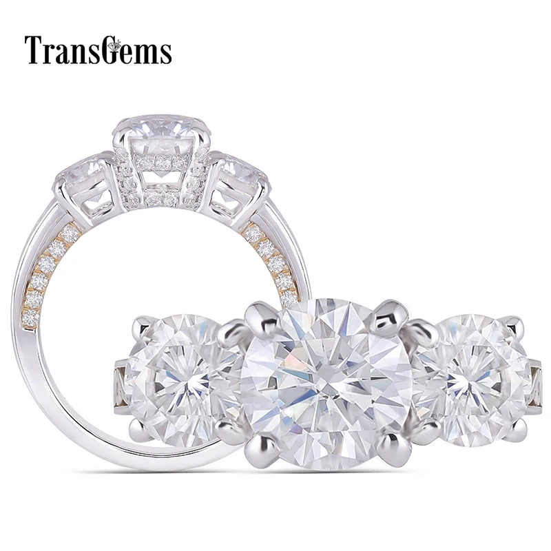 Transmems 14K 585 Белое и желтое золото 2CTW Центр 6,5 мм цвет GH Moissanite 3 Камень Обручальное кольцо для женщин с акцентами