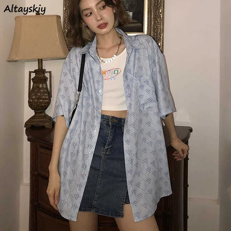

Women Shirts Printed Short Sleeve Japan Style Teens Hipsters High Street Harajuku Cool Vintage Loose Casual Bf All-match Blouses