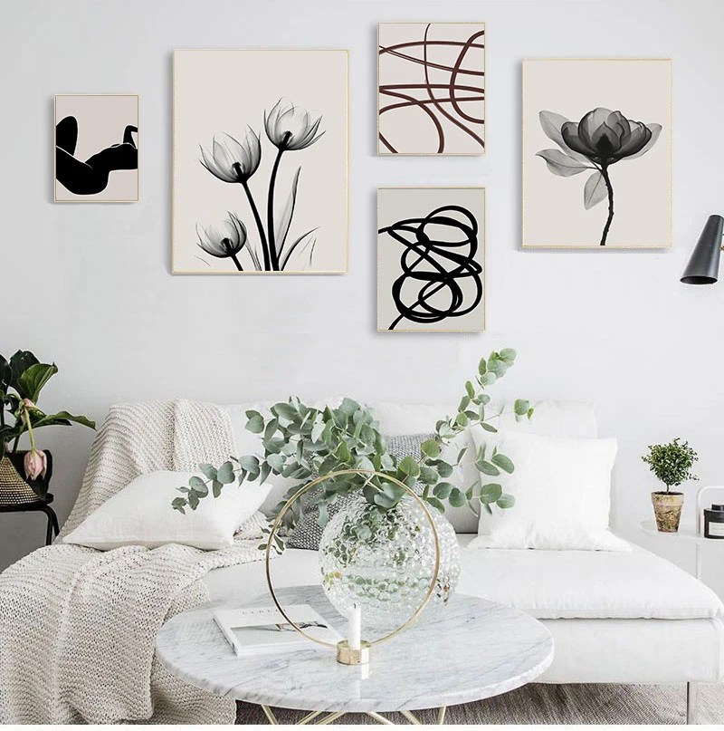 

Настенная картина «тюльпан», настенные абстрактные скандинавские постеры с изображением ЧЕРНЫХ ЛИСТЬЕВ, декор для гостиной