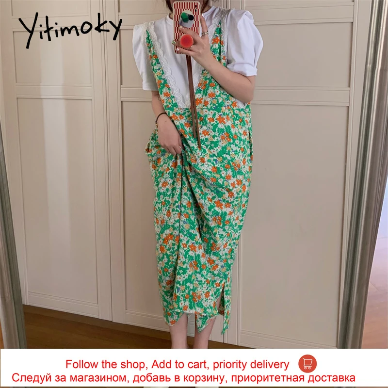 

Yitimoky Vintage Woman Dress Deep V Neck Lace Spliced Floral Printing High Waistt Loose Casual Simple Spaghetti Strap Dresses