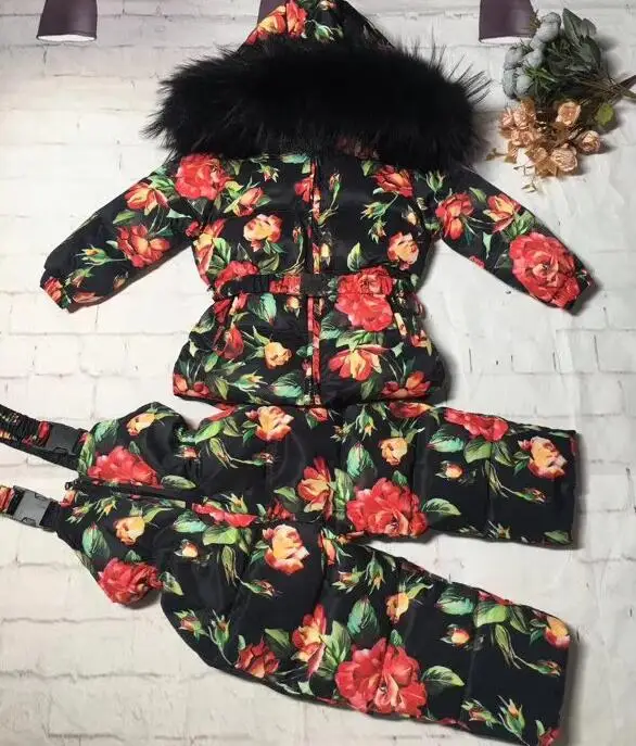 Real raccoon fur winter jacket child suit jacket+pant twinset boy& girl ski suits children down jacket outerwear parka