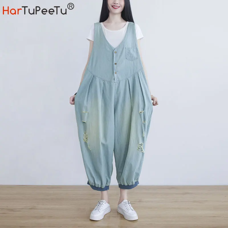 

Loose Denim Jumpsuit Women Summer Autumn 2021 Washed Holes Vintage Overalls Plain Japan Style Casual Oversized Bib Pants