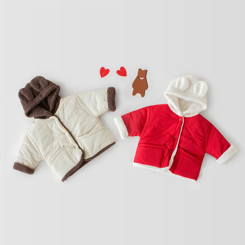 

Ins Baby Child Hoodie Fleece Lining Winter Fall Jacket Button Pocket Lovely Toddler Fashion Unisex Wear Both On Sides Coat