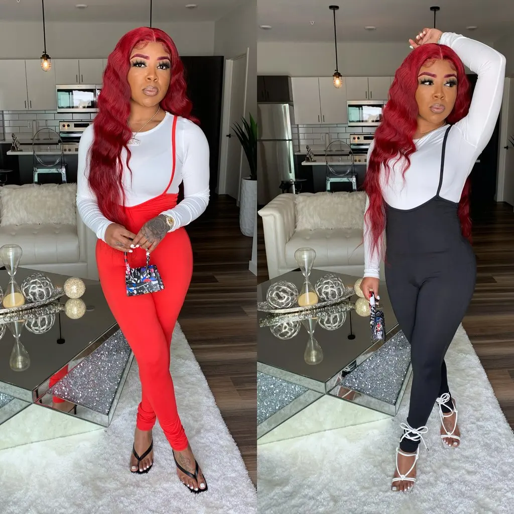 

Long Sleeve White Tshirt Strap Rompers Pants Two Piece Set Jumpsuit Skinny Casual Party Club Outfits Autumn Clothing