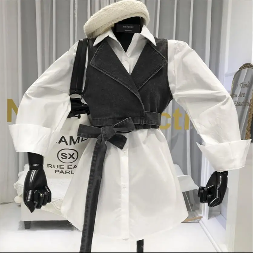 Новый весенний Модный маленький джинсовый жилет + простая белая рубашка с