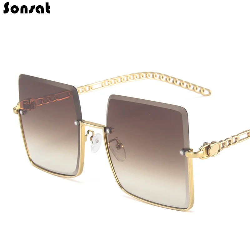 

Ladies Half Semi-Rimless Frame Metal Retro Sunglasses Square Rectangle Cut Edge Tide Big Frame Vintage Eyeglasses UV400 Female